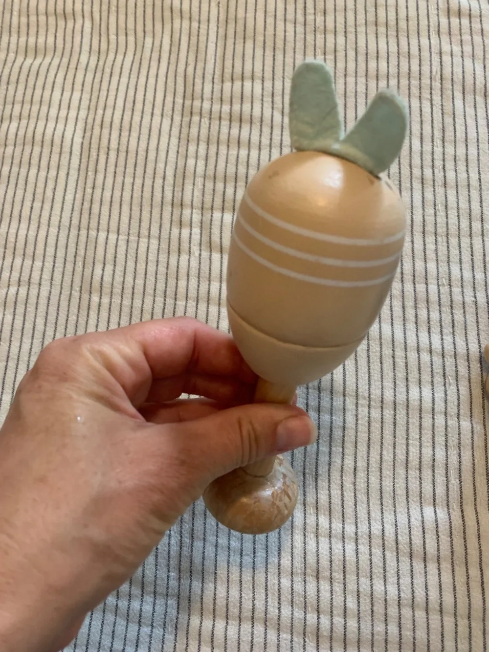 Pottery Barn Kids Bunny Maraca Wooden Baby Rattle Infant Toy Natural Wood Fabric